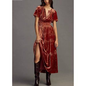 Anthropologie‎ The Somerset Velvet Maxi Dress Size Small Smocked Tiered in Amber